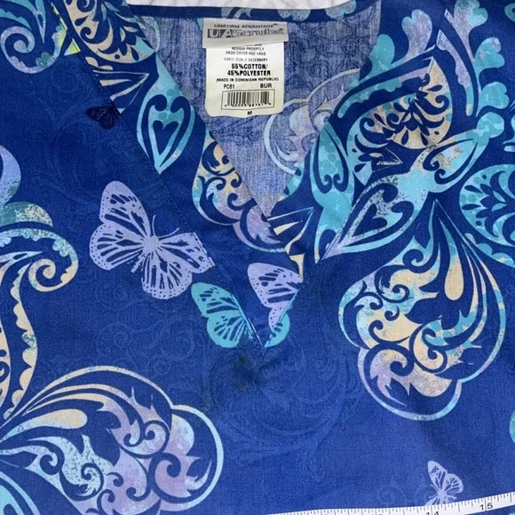 Scrub Tops Print Paisley Whimsy Floral Pattern Teal Royal Blue Brown Size Medium - Picture 12 of 14